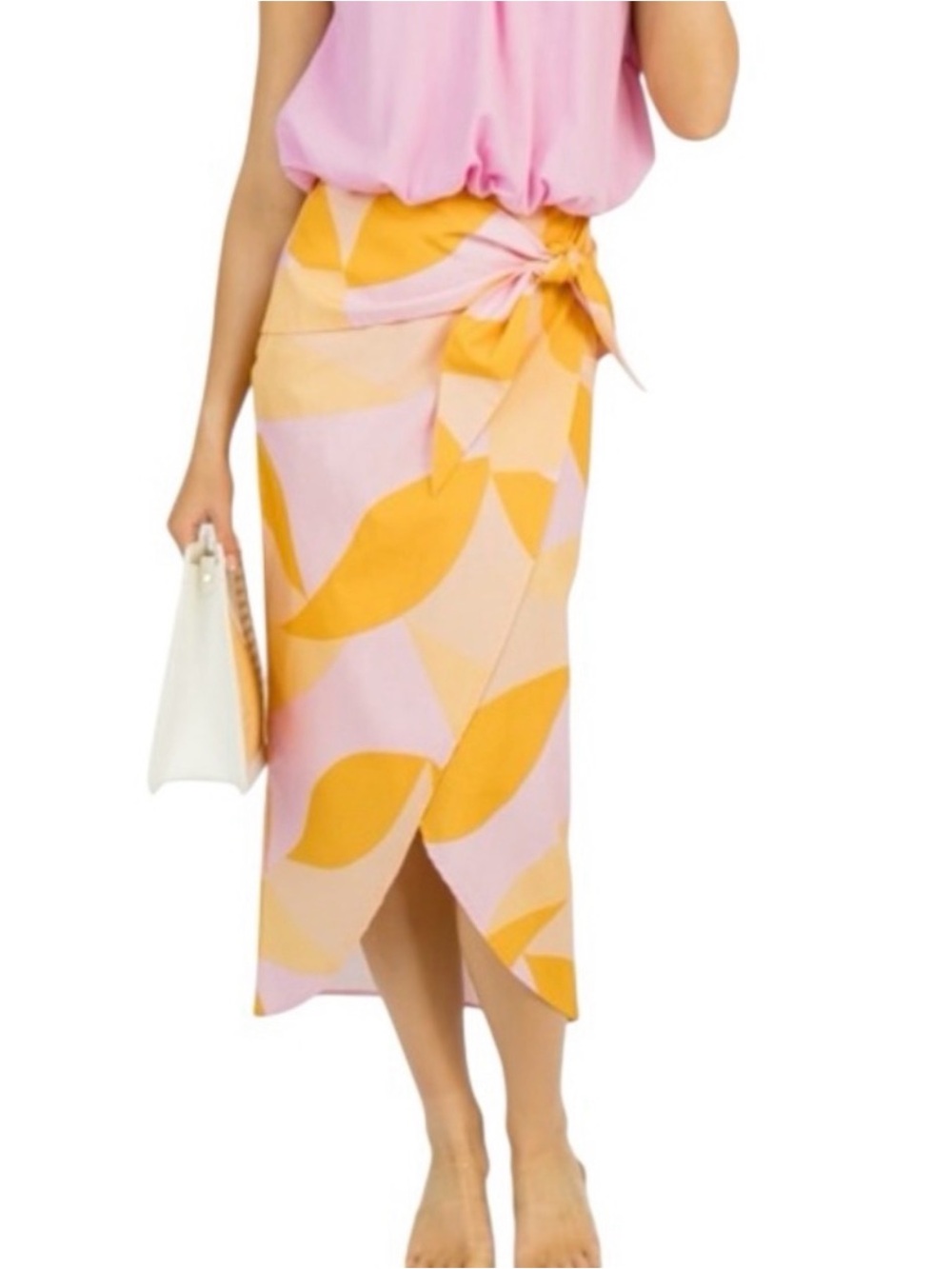 FORE Pink, Gold, and Yellow Wrap Midi Skirt
